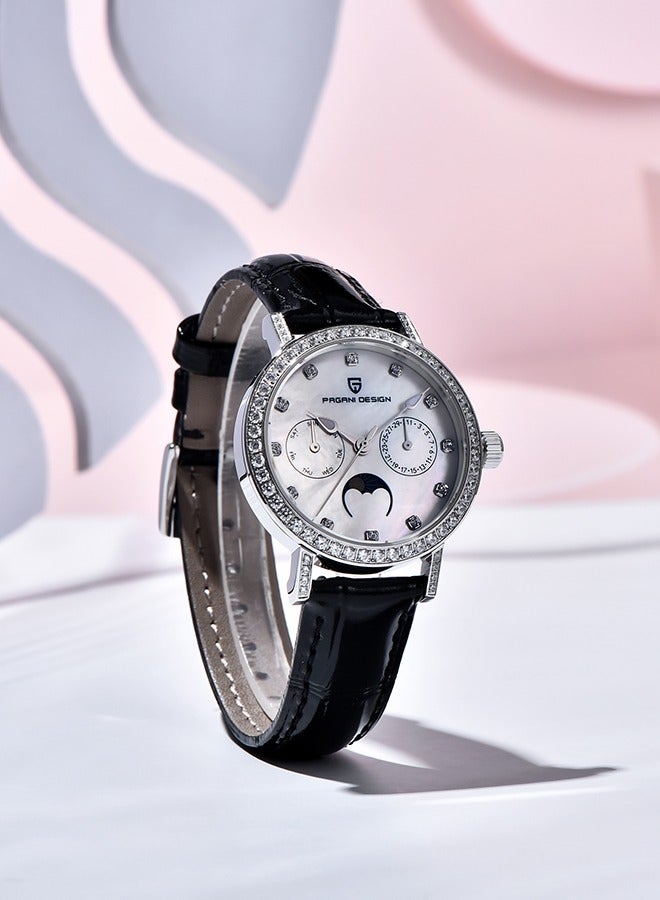 PAGANI DESIGN Women's Elegant Quartz Watch Diamonds Series Leather Strap  VX3HA Movement Waterproof Light Luxury Wristwatch Date,Silver Black - Image 4