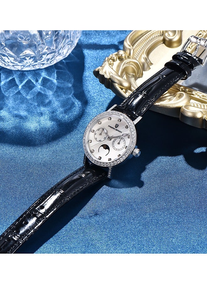 PAGANI DESIGN Women's Elegant Quartz Watch Diamonds Series Leather Strap  VX3HA Movement Waterproof Light Luxury Wristwatch Date,Silver Black - Image 5