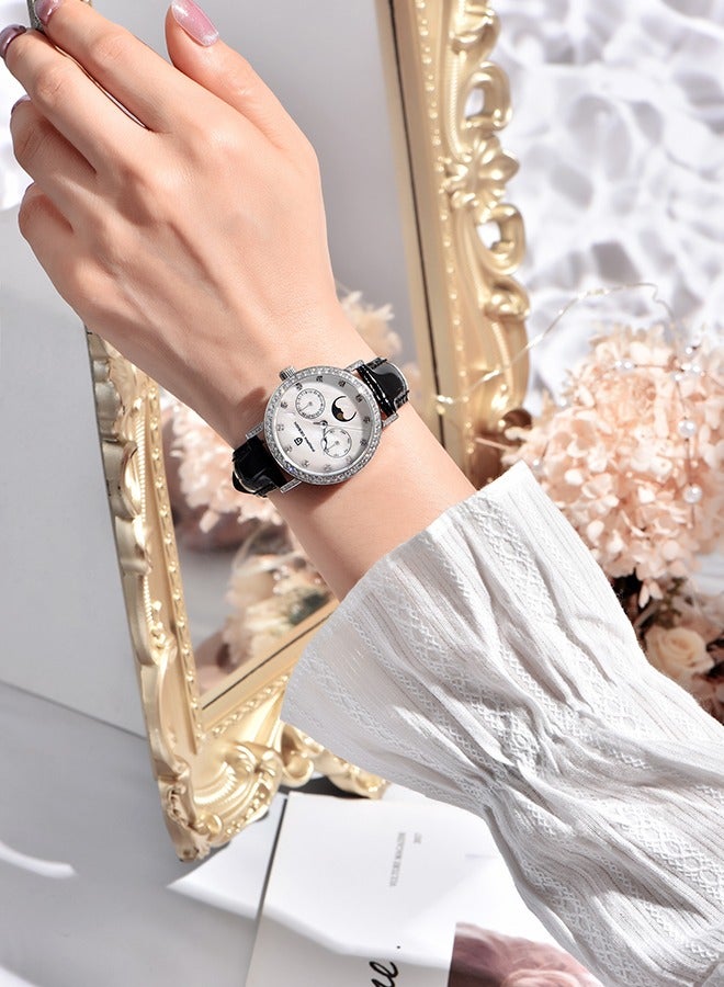 PAGANI DESIGN Women's Elegant Quartz Watch Diamonds Series Leather Strap  VX3HA Movement Waterproof Light Luxury Wristwatch Date,Silver Black - Image 3