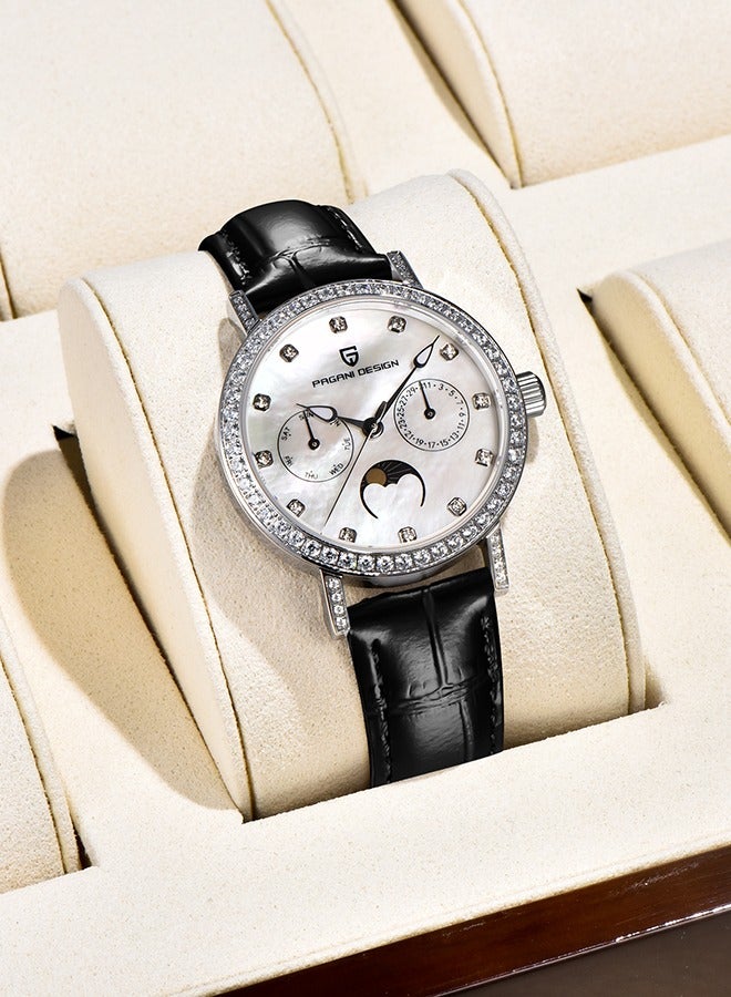 PAGANI DESIGN Women's Elegant Quartz Watch Diamonds Series Leather Strap  VX3HA Movement Waterproof Light Luxury Wristwatch Date,Silver Black - Image 2
