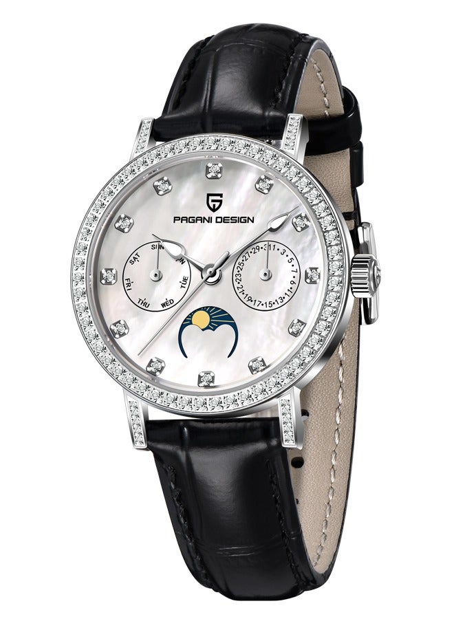PAGANI DESIGN Women's Elegant Quartz Watch Diamonds Series Leather Strap  VX3HA Movement Waterproof Light Luxury Wristwatch Date,Silver Black - Image 1