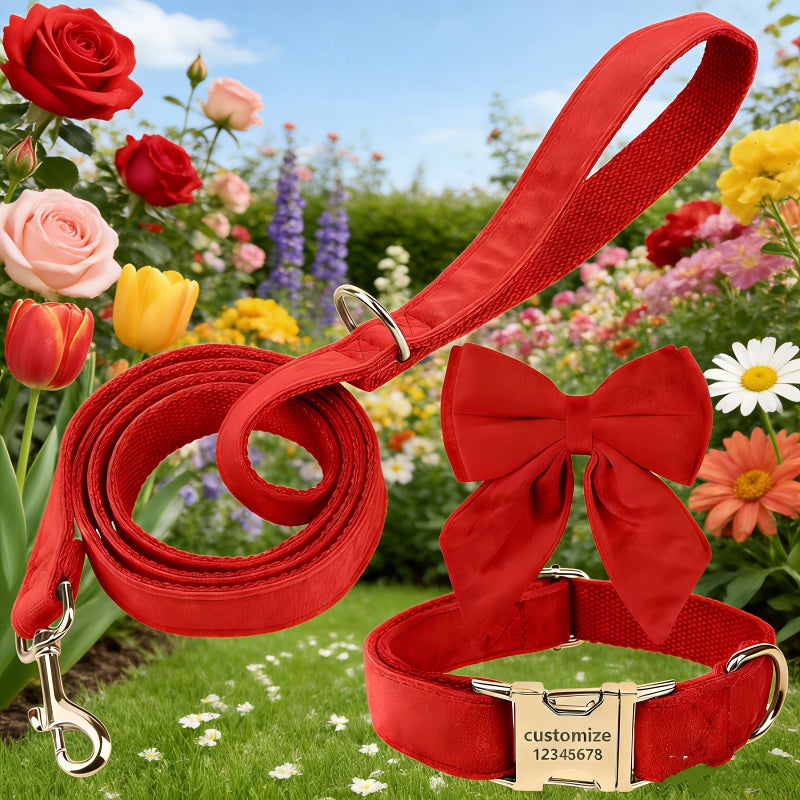 Personalized Custom Soft Durable Velvet Dog Collar And Leash 3pc Set White Adjustable Metal Buckle Suitable For Small Medium Large Dogs Customizable With Name Phone Number - Image 3