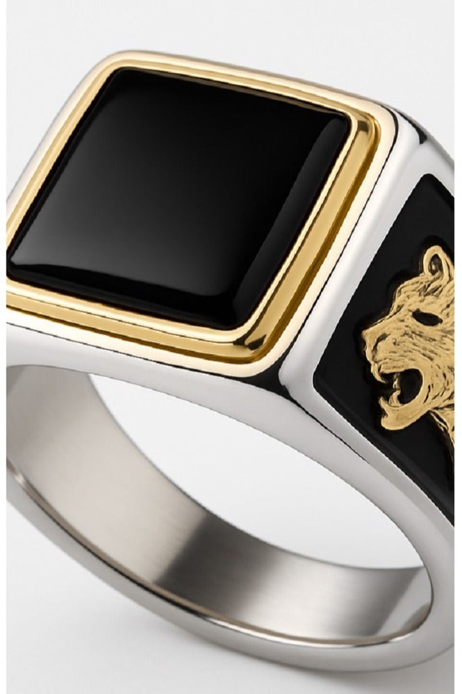 ROMAD Luxurious men's silver ring with a glossy black stone and golden tiger head engravings on both sides - Image 2
