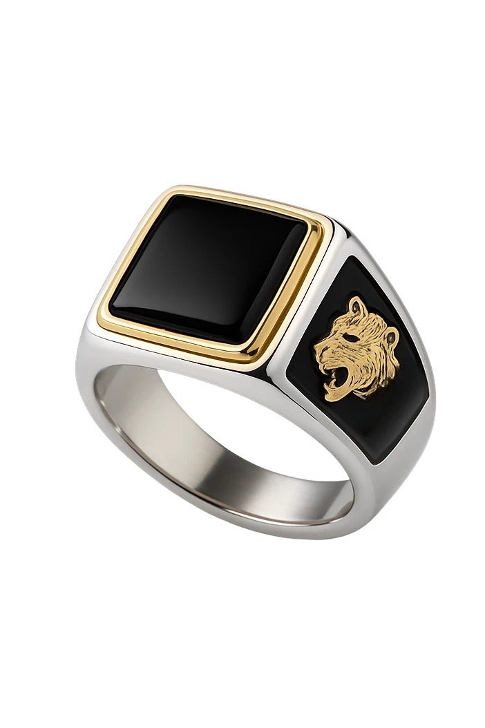 ROMAD Luxurious men's silver ring with a glossy black stone and golden tiger head engravings on both sides - Image 1