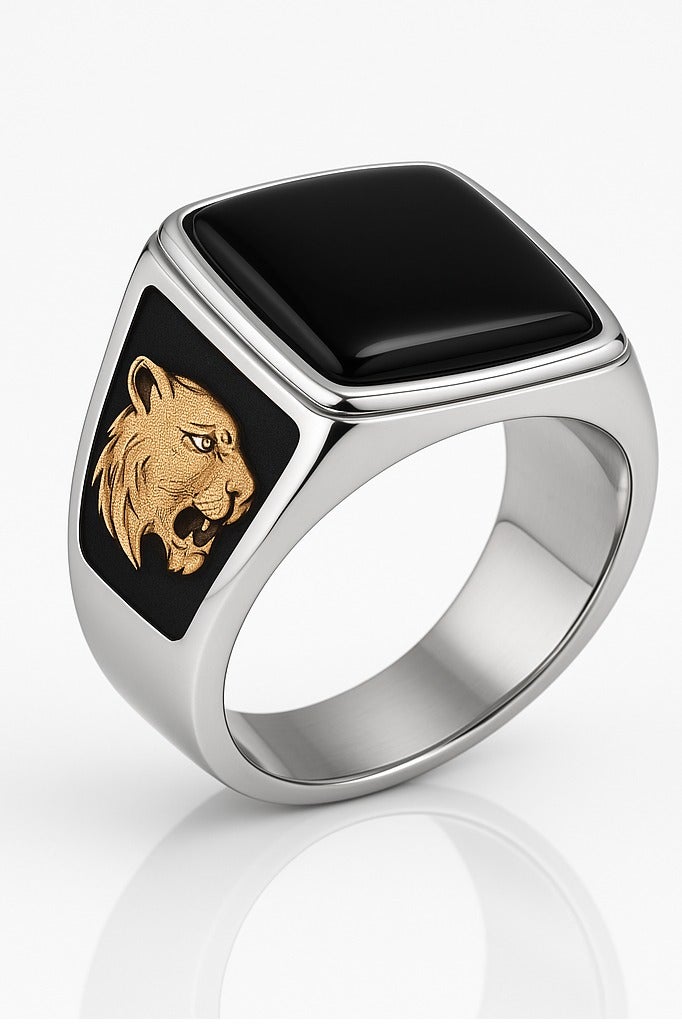 ROMAD Luxurious men's silver ring with a glossy black stone and golden tiger head engravings on both sides - Image 3