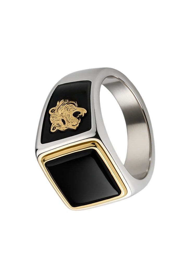 ROMAD Luxurious men's silver ring with a glossy black stone and golden tiger head engravings on both sides - Image 5