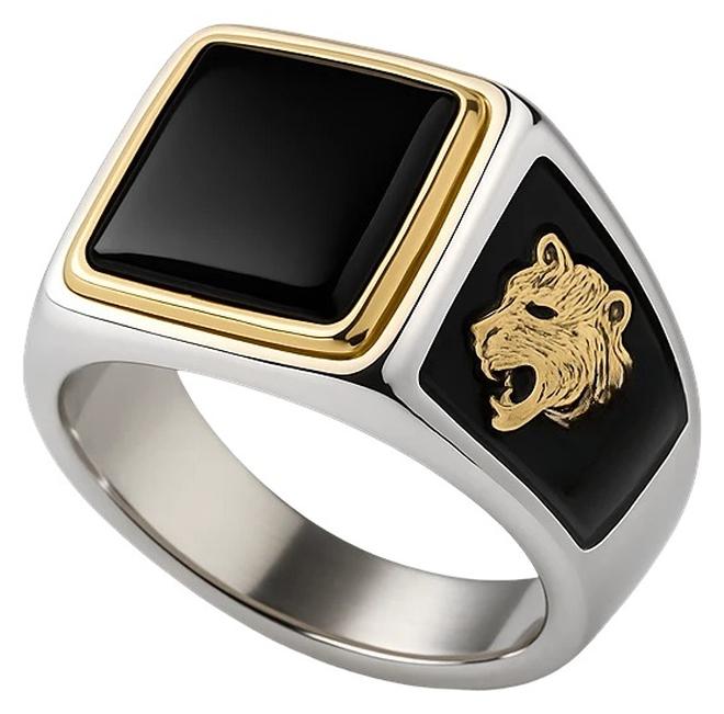 ROMAD Luxurious men's silver ring with a glossy black stone and golden tiger head engravings on both sides - Image 1