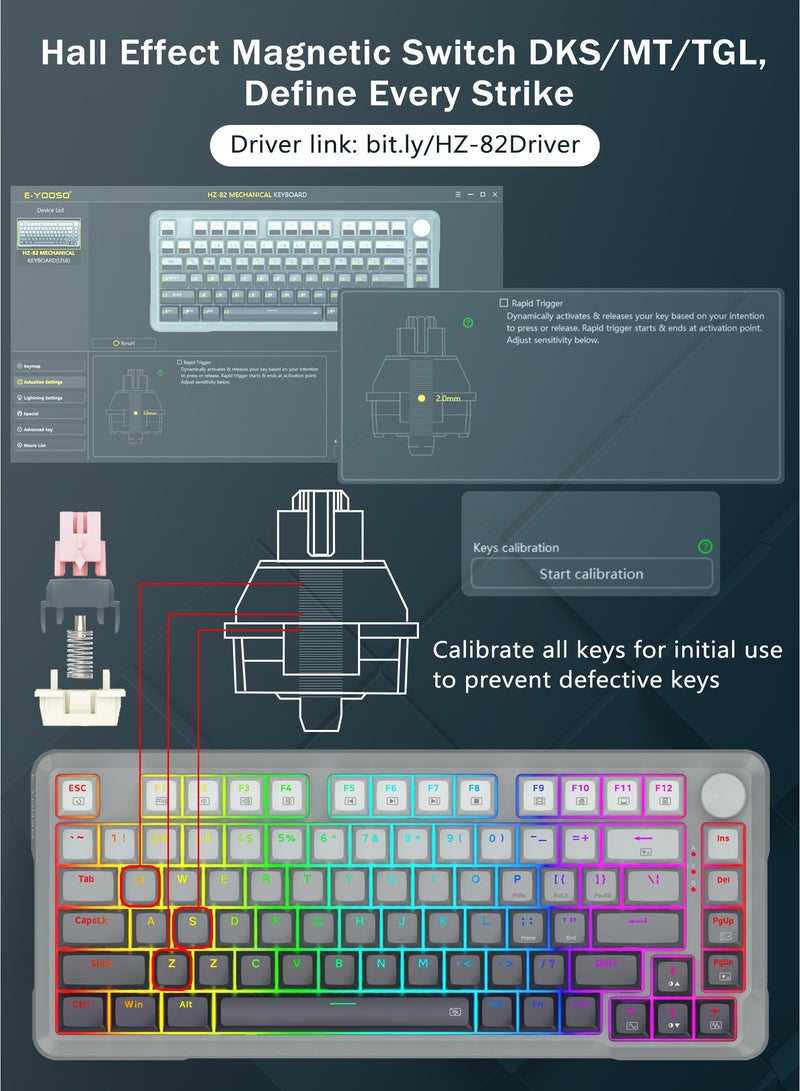 E-YOOSO Hz-82 HE 75% Wired Gaming Keyboard, Hall Effect Magnetic Switch, Adjustable Actuation, 8k Hz Polling Rate, RGB Backlit, PBT Keycaps, Volume Knob for PC/Mac, Gradient Grey - Image 4