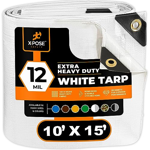 xpose safety Heavy Duty White Poly Tarp 10' X 15' - Multipurpose Protective Cover - Durable, Waterproof, Weather Proof, Rip and Tear Resistant - Extra Thick 12 Mil Polyethylene - by Xpose Safety - Image 1