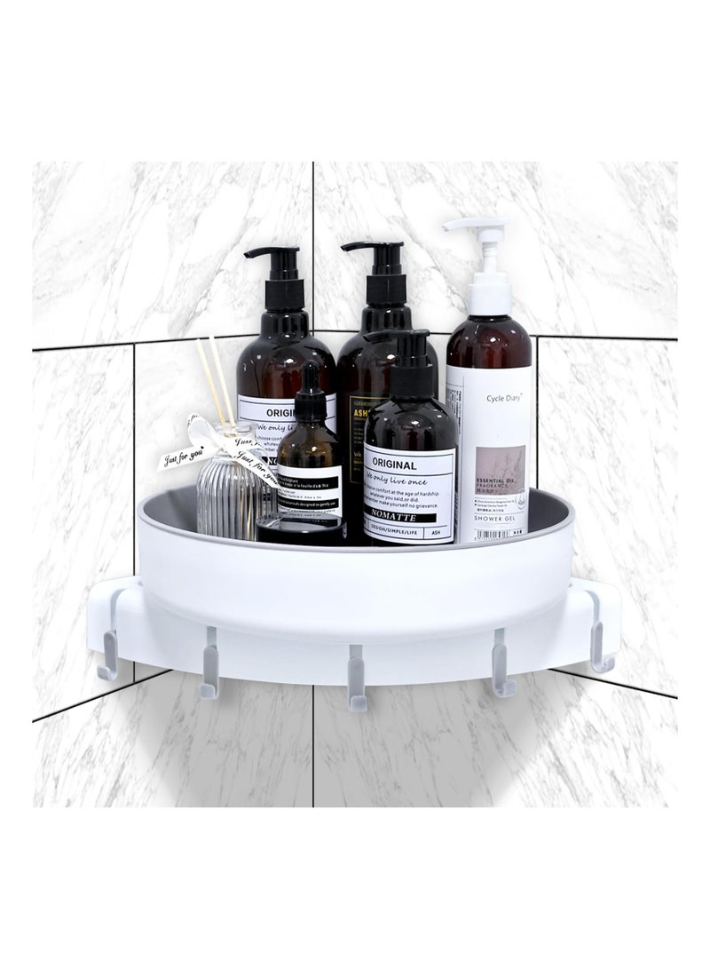KASTWAVE Corner Shower Caddy, 360° Rotate Shower Organizer Shelves with 5 Hooks, Drill-Free Removable, Bathroom Shower Shelf Kitchen Storage Basket Wall Mounted Storage Rack, Grey & White (1 Pack) - Image 1