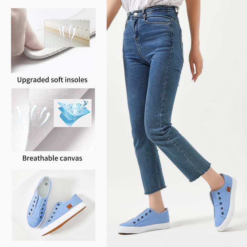 XRH Women's Slip on Shoes Non Slip Fashion Canvas Sneakers Low Top Casual Shoes(Blue,US8) - Image 5