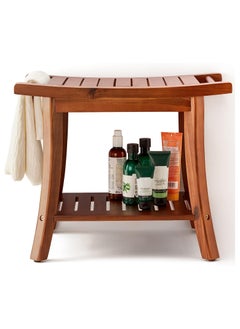 Natural Beech Wood Shower Bench Seat, Portable Wooden Spa Bathing Stool with Storage Towel Shelf, 22" x 13" x 18.6", Waterproof Perfect for Indoor and Outdoor Use.