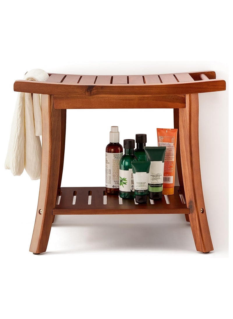 Generic - Natural Beech Wood Shower Bench Seat, Portable Wooden Spa Bathing Stool with Storage Towel Shelf, 22" x 13" x 18.6", Waterproof Perfect for Indoor and Outdoor Use. - Image 1