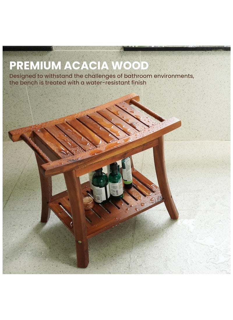 Generic - Natural Beech Wood Shower Bench Seat, Portable Wooden Spa Bathing Stool with Storage Towel Shelf, 22" x 13" x 18.6", Waterproof Perfect for Indoor and Outdoor Use. - Image 1