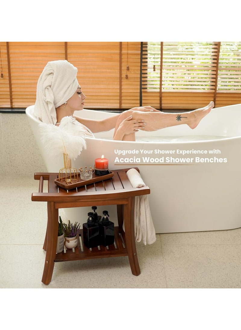Generic - Natural Beech Wood Shower Bench Seat, Portable Wooden Spa Bathing Stool with Storage Towel Shelf, 22" x 13" x 18.6", Waterproof Perfect for Indoor and Outdoor Use. - Image 1