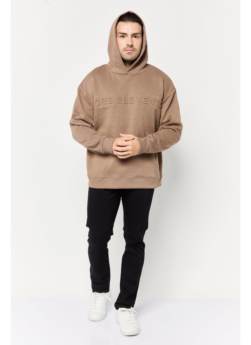 Core Elements Men Embroidered Logo Long Sleeve Hoodie, Brown  - Image 2