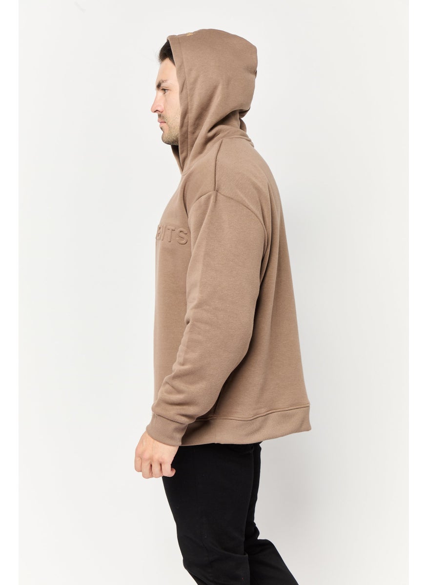 Core Elements Men Embroidered Logo Long Sleeve Hoodie, Brown  - Image 3