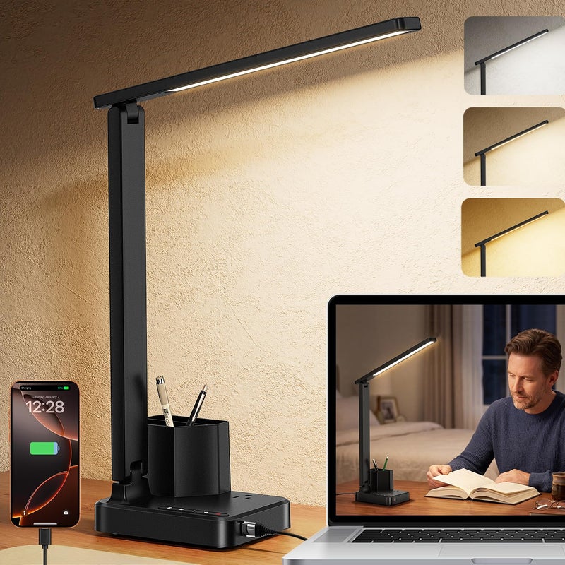 cozoo LED Desk Lamps for Home Office, Modern Dimmable Eye Caring Desk Light with USB Charging Ports AC Outlet, Pen Holder,Touch/Memory/Timer, Kids Small Table Lamp for Reading, Bedroom, Study, Craft - Image 1