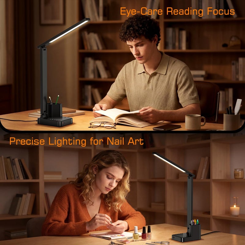cozoo LED Desk Lamps for Home Office, Modern Dimmable Eye Caring Desk Light with USB Charging Ports AC Outlet, Pen Holder,Touch/Memory/Timer, Kids Small Table Lamp for Reading, Bedroom, Study, Craft - Image 3