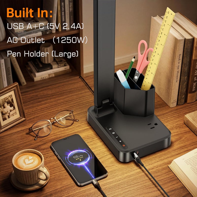 cozoo LED Desk Lamps for Home Office, Modern Dimmable Eye Caring Desk Light with USB Charging Ports AC Outlet, Pen Holder,Touch/Memory/Timer, Kids Small Table Lamp for Reading, Bedroom, Study, Craft - Image 5