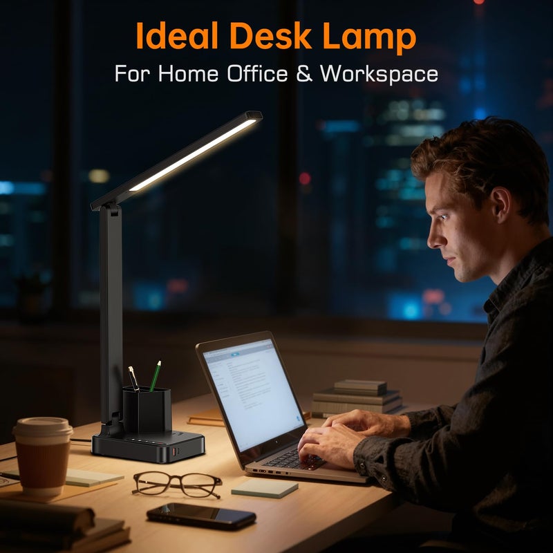 cozoo LED Desk Lamps for Home Office, Modern Dimmable Eye Caring Desk Light with USB Charging Ports AC Outlet, Pen Holder,Touch/Memory/Timer, Kids Small Table Lamp for Reading, Bedroom, Study, Craft - Image 2