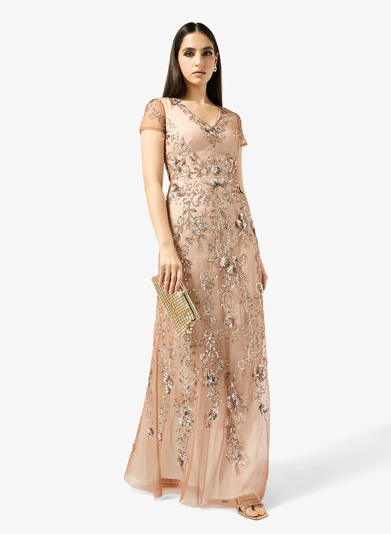 Frock And Frill  Embellished Short Sleeve Maxi Dress for Women | Best Price UAE
