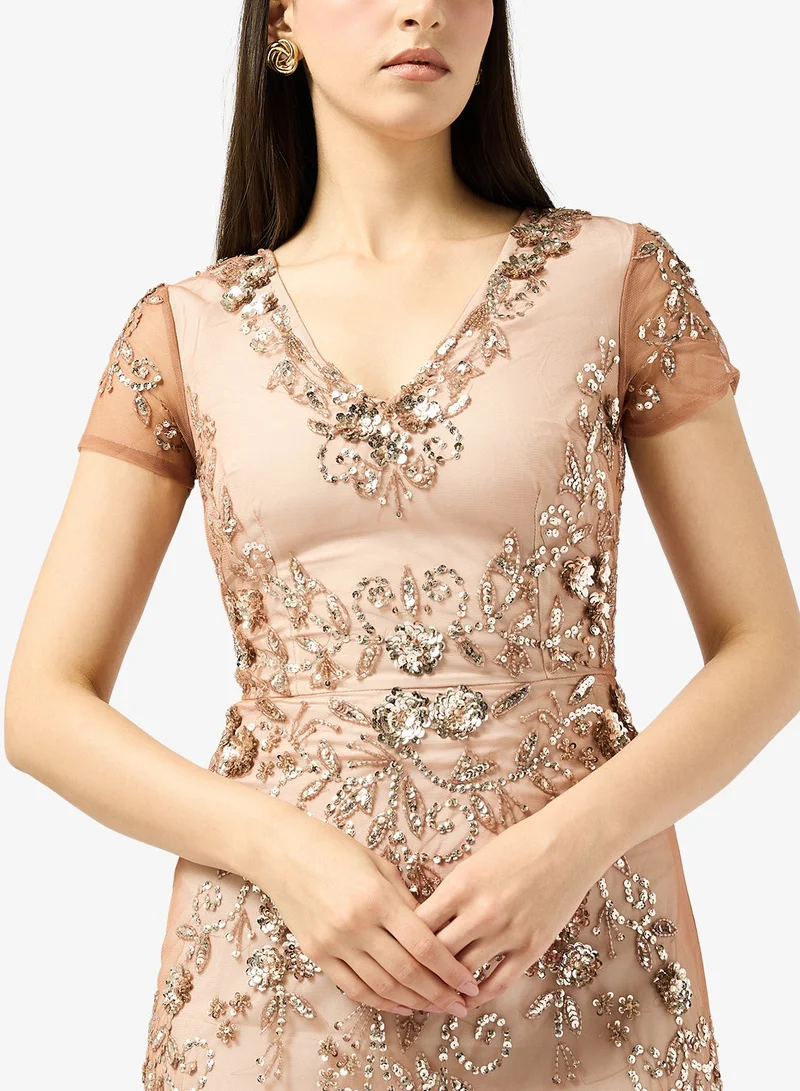 Frock And Frill  Embellished Short Sleeve Maxi Dress for Women | Best Price UAE