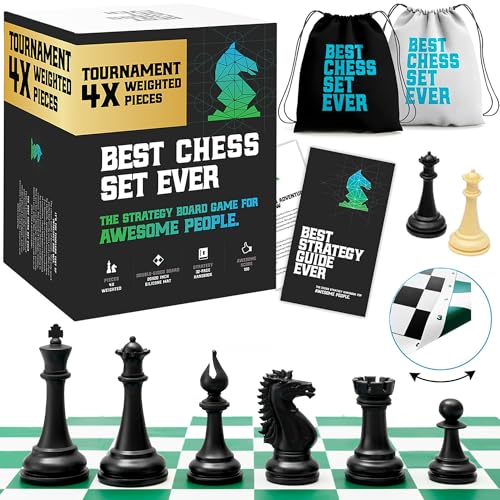 Chess Geeks Best Chess Set Ever 4X Quadruple Weighted Tournament Chess Game 44 King Large Staunton Modern Pieces 20x20 Big Reversible Foldable Silicone Mat Professional Chess Board Set for Adults Kids - Image 1