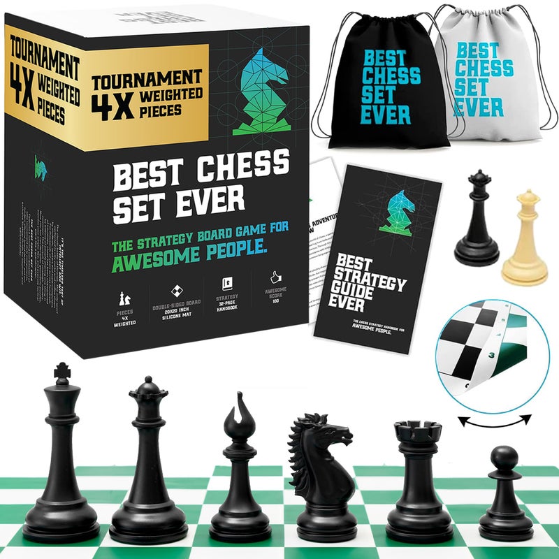 Chess Geeks Best Chess Set Ever 4X Quadruple Weighted Tournament Chess Game 44 King Large Staunton Modern Pieces 20x20 Big Reversible Foldable Silicone Mat Professional Chess Board Set for Adults Kids - Image 2