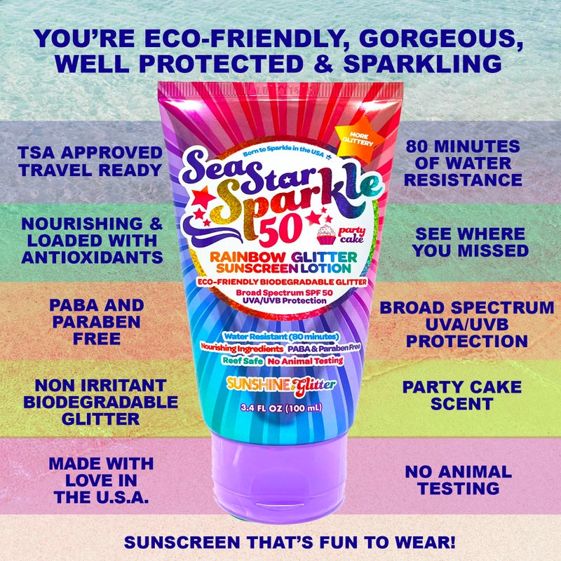 Sunshine & Glitter Seastar Sparkle - Rainbow Party Cake Scented Glitter Sunscreen - SPF 50 - Biodegradable Sunscreen, Kids, Water Resistant, Glitter lotion, Cruelty Free, Kids Lotion, Made in USA, 3.4oz - Image 5