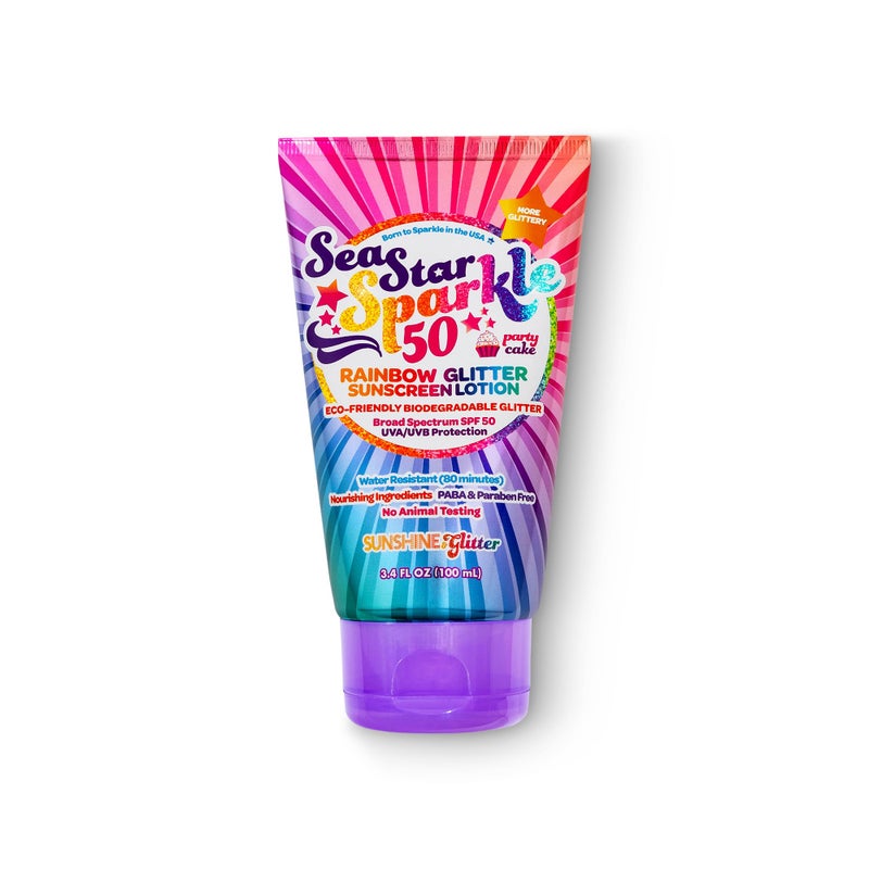 Sunshine & Glitter Seastar Sparkle - Rainbow Party Cake Scented Glitter Sunscreen - SPF 50 - Biodegradable Sunscreen, Kids, Water Resistant, Glitter lotion, Cruelty Free, Kids Lotion, Made in USA, 3.4oz - Image 2