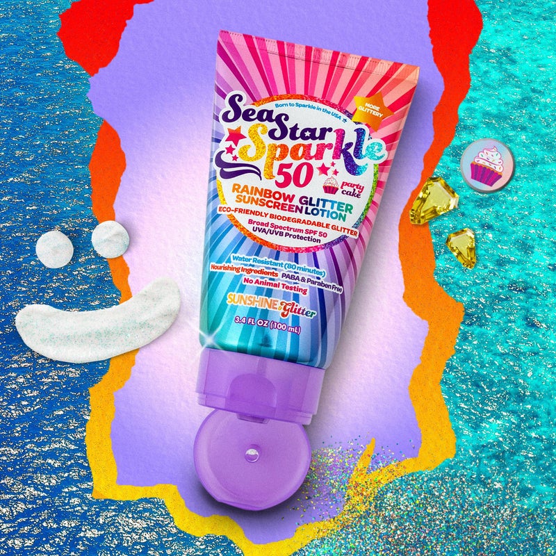 Sunshine & Glitter Seastar Sparkle - Rainbow Party Cake Scented Glitter Sunscreen - SPF 50 - Biodegradable Sunscreen, Kids, Water Resistant, Glitter lotion, Cruelty Free, Kids Lotion, Made in USA, 3.4oz - Image 3