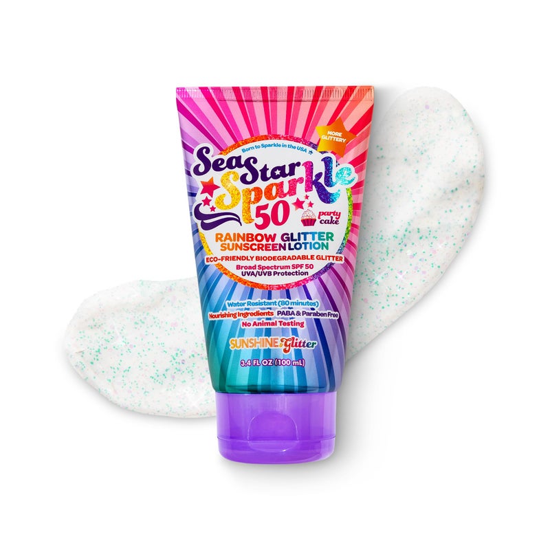 Sunshine & Glitter Seastar Sparkle - Rainbow Party Cake Scented Glitter Sunscreen - SPF 50 - Biodegradable Sunscreen, Kids, Water Resistant, Glitter lotion, Cruelty Free, Kids Lotion, Made in USA, 3.4oz - Image 1