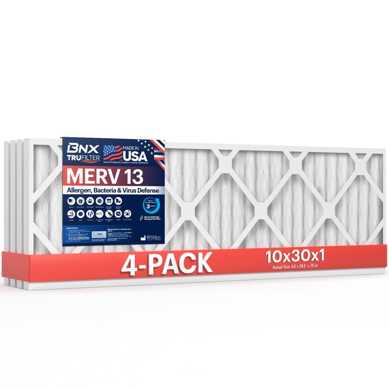 BNX TruFilter 10x30x1 Air Filter MERV 13 (4-Pack) - MADE IN USA - Electrostatic Pleated Air Conditioner HVAC AC Furnace Filters for Allergies, Pollen, Mold, Bacteria, Smoke, Allergen, MPR 1900 FPR 10 - Image 1