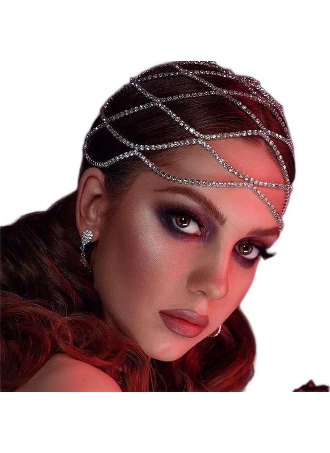 YERTTER Wedding Silver Rhinestone Mesh Chain Head Cap Layered Tennis Chain 20S Head Accessories Jewelry Crystal Headband Headpiece Boho Hair Accessories For Women Brides Prom Costume(Silver 3)  - Image 1