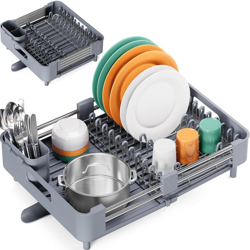 KINGRACK Extendable Dish Drainer Rack Stainless Steel Foldable Dish Rack with Removable Cutlery Holder and AntiScratch Holder Adjustable Draining Board Rack with Drainage Spout Gray