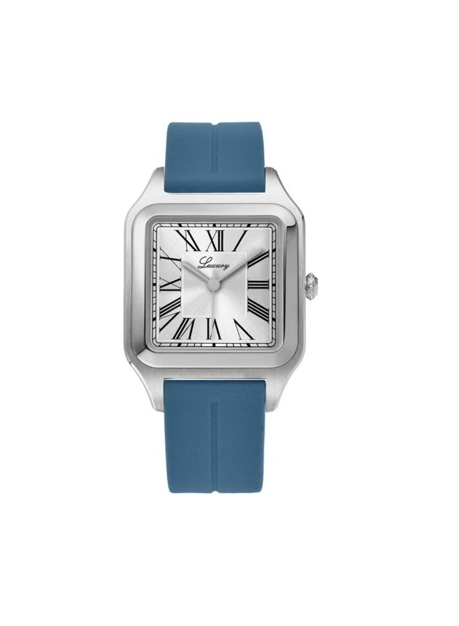 Men's rubber wristwatch - Cartier style, water-resistant, high quality, light blue strap with a silver dial