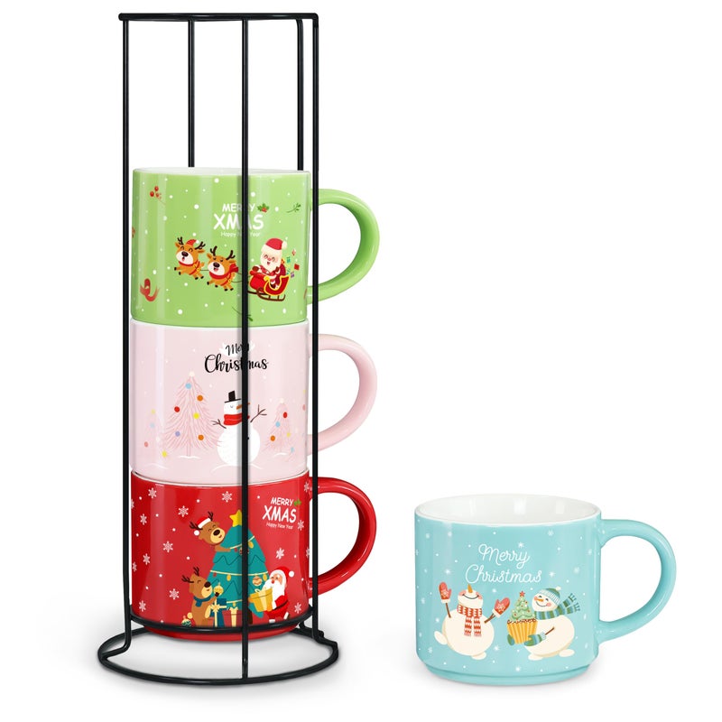 Set of 4 Stackable Christmas Mugs 158 Oz Coffee Mug With Stand Holiday Hot Cocoa Mugs for Mom Family Colleagues Friend Farmhouse Cocoa Tray Decor