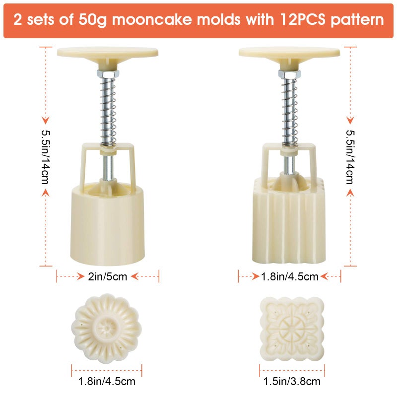 Luxiv Moon Cake Mould 50g, 12 PCS Pattern Hand-Pressure Mooncake Molds for Mid-Autumn DIY Pastry Tool 2 Set with 6pcs Round Flower Mooncake Mode and 6 Pcs Square Pattern Mooncake Mould (White, 50g) - Image 2