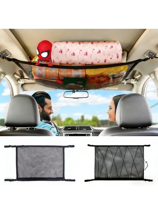 Adjustable car roof storage net bag with adjustable buckles and an extra drawstring, suitable for sedans and SUVs, perfect for long-distance travel organization. - Image 1
