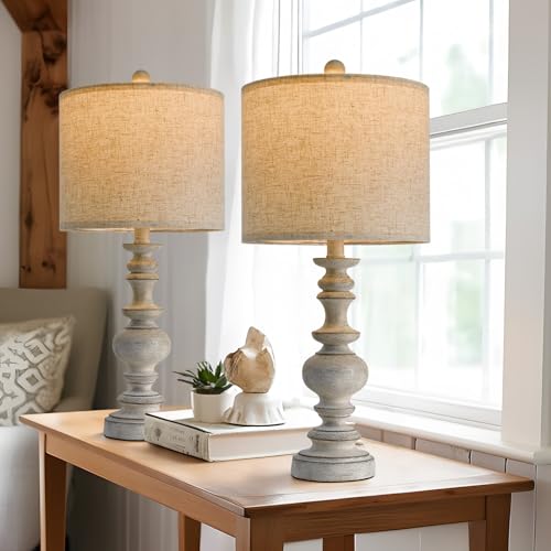 BOBOMOMO 24" Farmhouse Retro Table Lamp Set of 2, Traditional Resin Lamps for Living Room Bedroom, Vintage Bedroom Lamps with Linen Shades, Rustic Table Lamps for Living Room, Nursery, Office - Image 2
