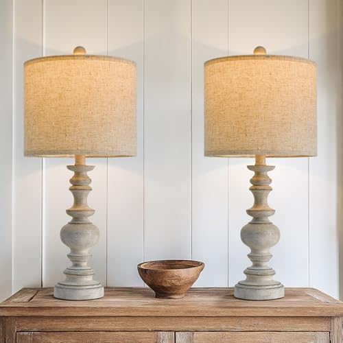 BOBOMOMO 24" Farmhouse Retro Table Lamp Set of 2, Traditional Resin Lamps for Living Room Bedroom, Vintage Bedroom Lamps with Linen Shades, Rustic Table Lamps for Living Room, Nursery, Office - Image 3