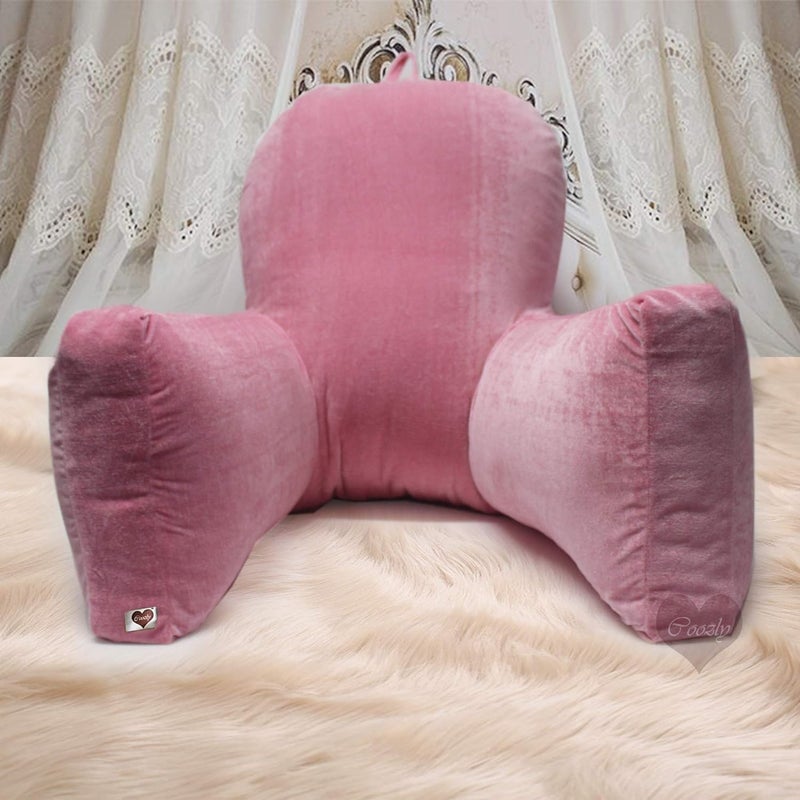 COOZLY Backrest Pillow Reading Pillow Bed Support Pillow With High Armrests Strechable Velvet Removable Cover PinkLarge