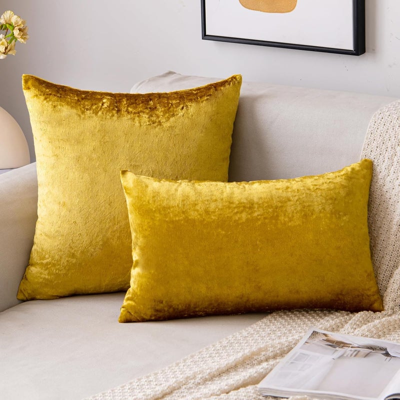 EMEMA Velvet Cushion Cover, Decorative Cushion Cover, Sofa Cushion, Lumbar Cushion, Throw Cushion Cover with Hidden Zip, Bedroom, Sofa, Set of 2, 40 x 60 cm, Golden Luxurious - Image 4