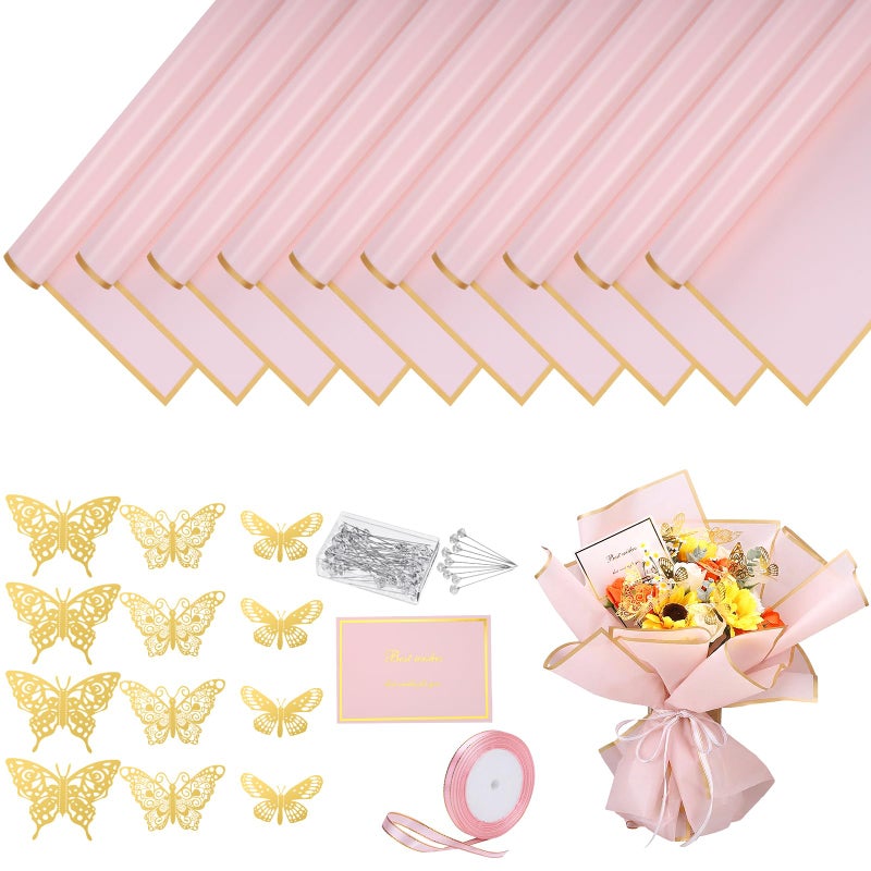 woric 93 Pcs Flower Bouquet Wrapping Paper Kits 20 Sheets Waterproof Floral Wrapping Paper 10 Greeting Cards 12 Butterfly 50 Flower Pins 1 Roll Ribbon for Graduation Birthday Party Favor - Image 2
