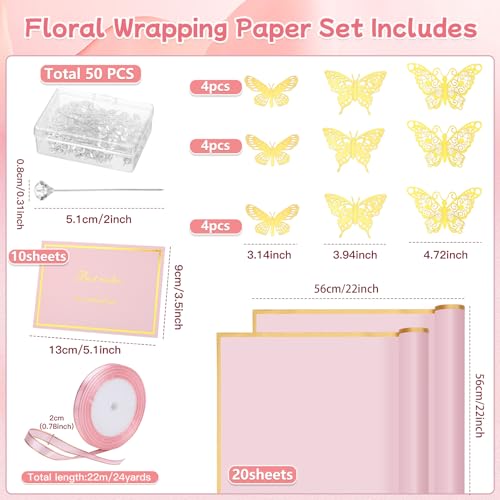 woric 93 Pcs Flower Bouquet Wrapping Paper Kits 20 Sheets Waterproof Floral Wrapping Paper 10 Greeting Cards 12 Butterfly 50 Flower Pins 1 Roll Ribbon for Graduation Birthday Party Favor - Image 3