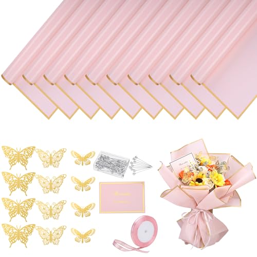 woric 93 Pcs Flower Bouquet Wrapping Paper Kits 20 Sheets Waterproof Floral Wrapping Paper 10 Greeting Cards 12 Butterfly 50 Flower Pins 1 Roll Ribbon for Graduation Birthday Party Favor - Image 1