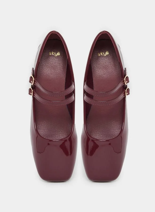 Styli Plain Square Toe Buckle Strap Shoes