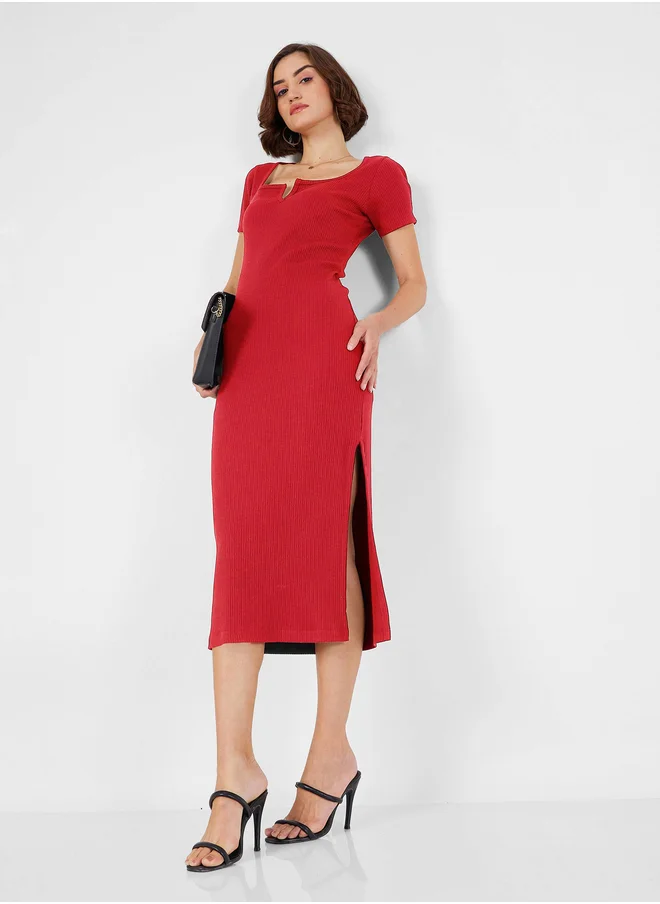 ساسافراس Rib Notch Neck Bodycon Midi Dress