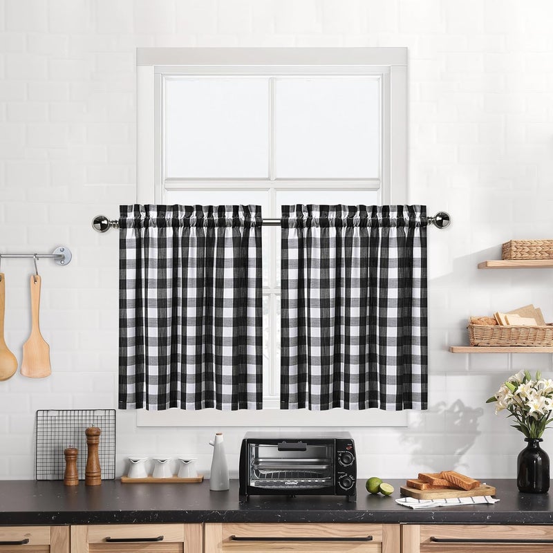 Bapawfish Buffalo Plaid Gingham Half Window Cafe Tier Curtains, Farmhouse Check Tiers Curtain for Kitchen Bathroom Living Room Window, 28" x 36", Black/White, Set of 2 - Image 1